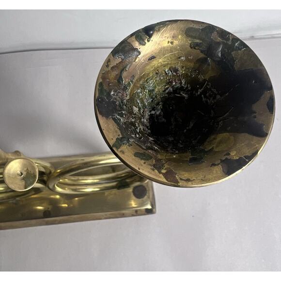 Brass Double Bugle Trumpet Horn Holiday Candlestick Holder Pedestal Music Lover - Picture 7 of 9